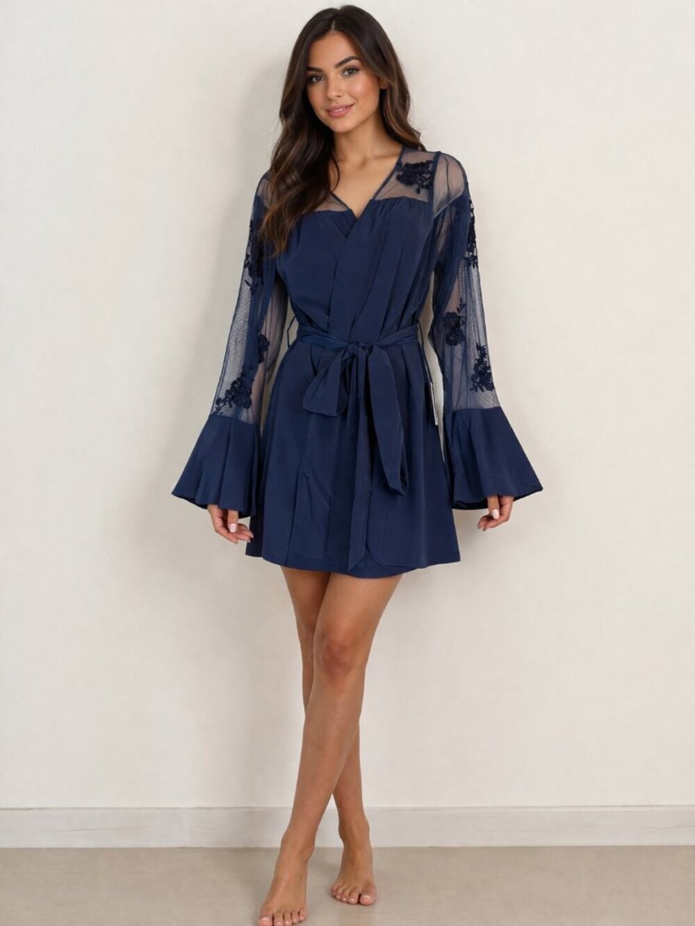Blue Robe Lace Sheer Sleeve Bridesmaid Wrap Loungewear Medium